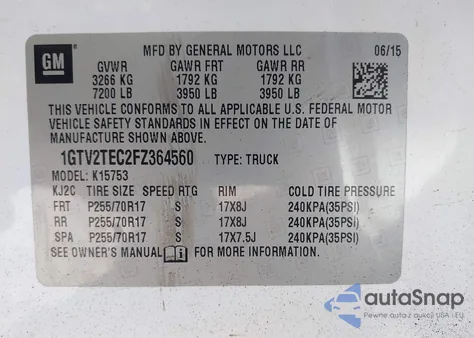 2015 GMC Sierra 1500 z USA, uszkodzony, nr VIN 1GTV2TEC2FZ364560